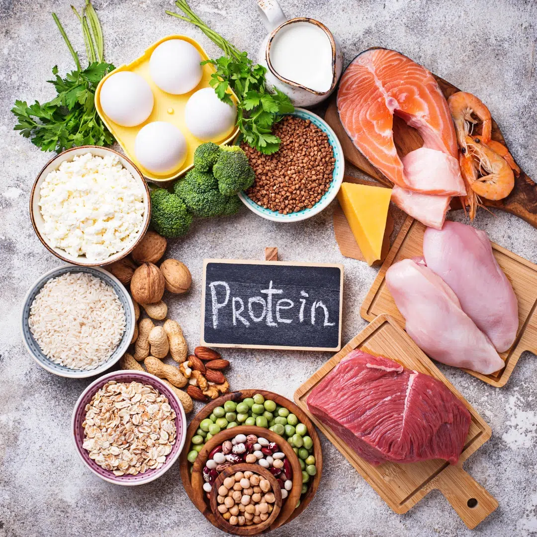 Protein with each meal: eggs, fish, chicken, legumes, grains, nuts, and dairy arranged around a chalkboard labeled protein.