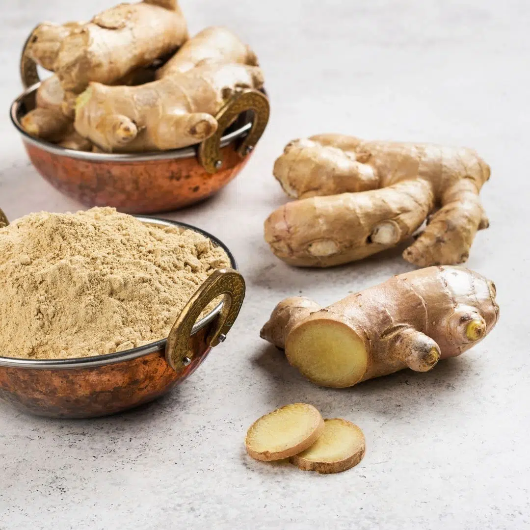 Ginger roots and ground ginger in a bowl, a natural herb that may act as an estrogen receptor antagonist.