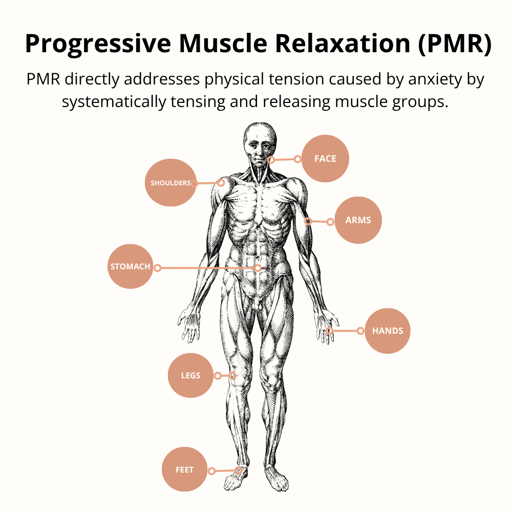 Infographic titled 'Progressive Muscle Relaxation (PMR): A 10-minute technique to reduce anxiety and improve sleep.' It shows a calm person and outlines the four steps: Find a Quiet Spot, Tense & Hold (5s), Release & Relax (10s), and Repeat & Progress.
