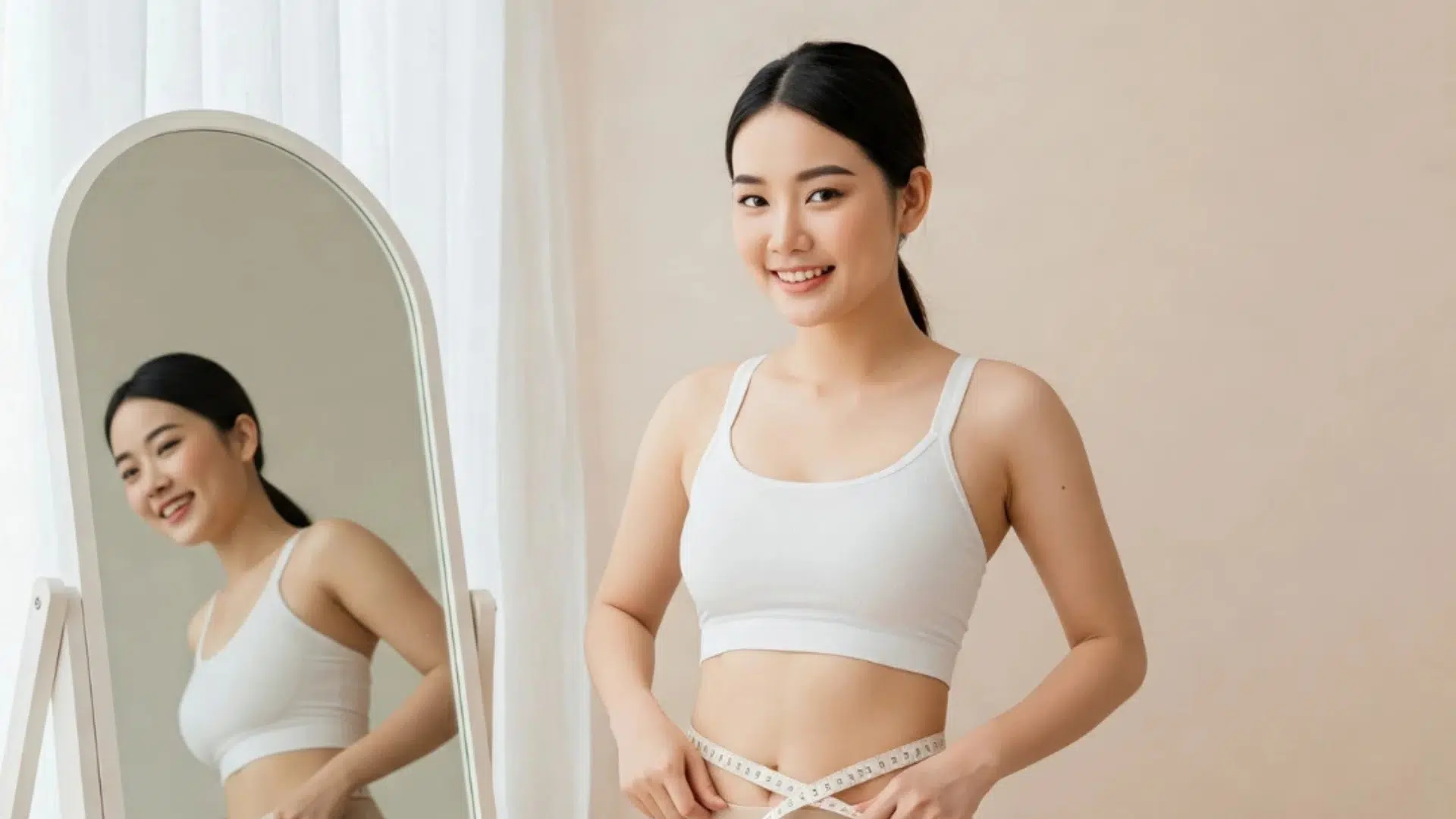 weight loss journey of a slim young woman measuring waist with tape, smiling, in front of mirror, health and wellness concept.